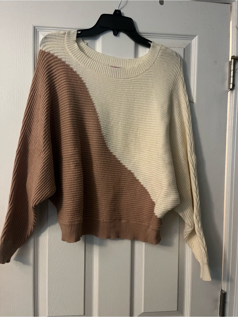 Francesca's Collections Cream and Brown Wave Colorblock Crewneck Sweater